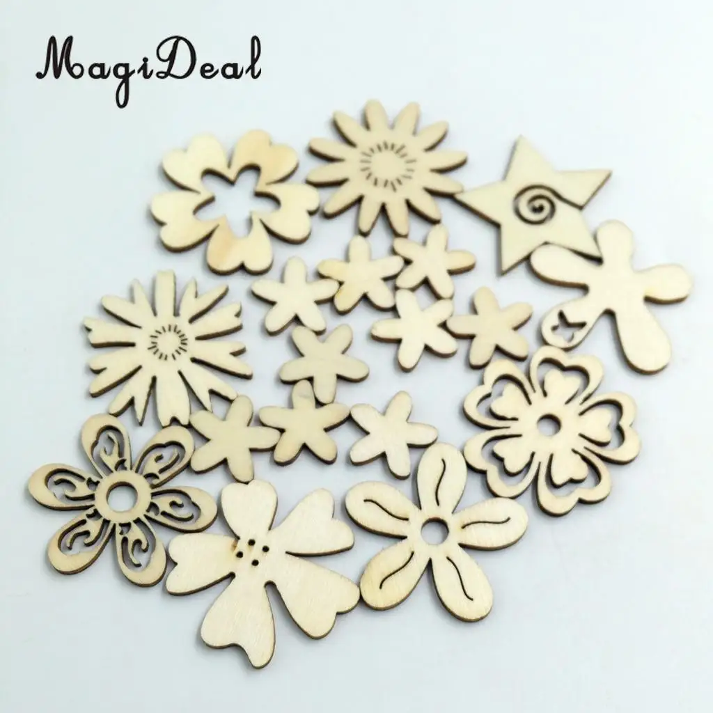 MagiDeal 50 Pieces Mixed Natural Wood Flower Shapes Embellishment Craft Scrap Booking Card Sign Making for Party Decor Favor 