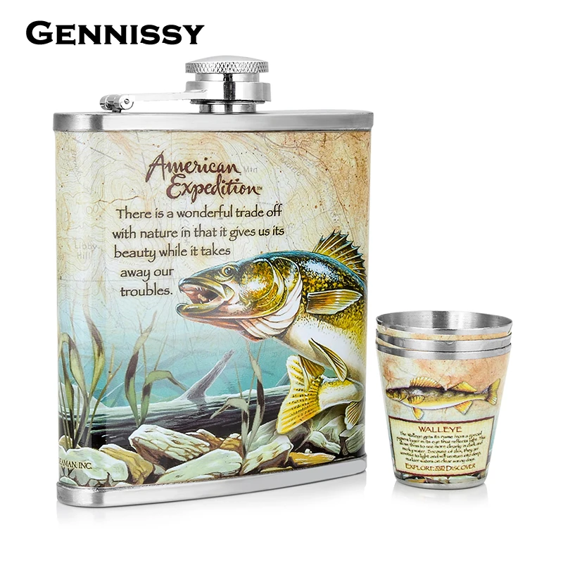 GENNISSY Outdoor Sports Portable Whiskey Flask Set New Underwater World Printed Stainless Steel Mini Hip Flask