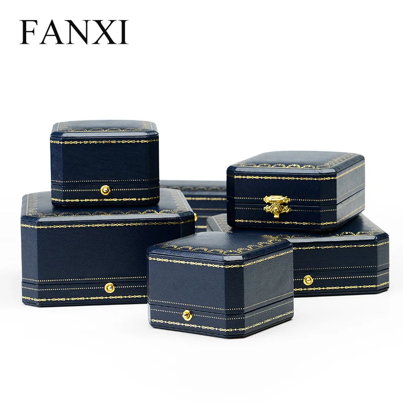 FANXI Роскошная Королевская Синяя кожаная бумага большая коробка для ожерелья восьмиугольная форма белая