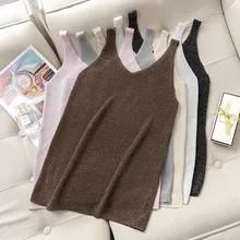 Летний женский ледяной шелк яркая линия без рукавов сплошной цвет v-образный вырез слинг жилет сексуальный тонкий