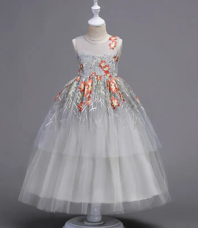 

Princess Dress for Mom Daughter Embroidered Colorful Leaf Fluffy Gauze Birthday Weddign Party Dress Family Outfits J573