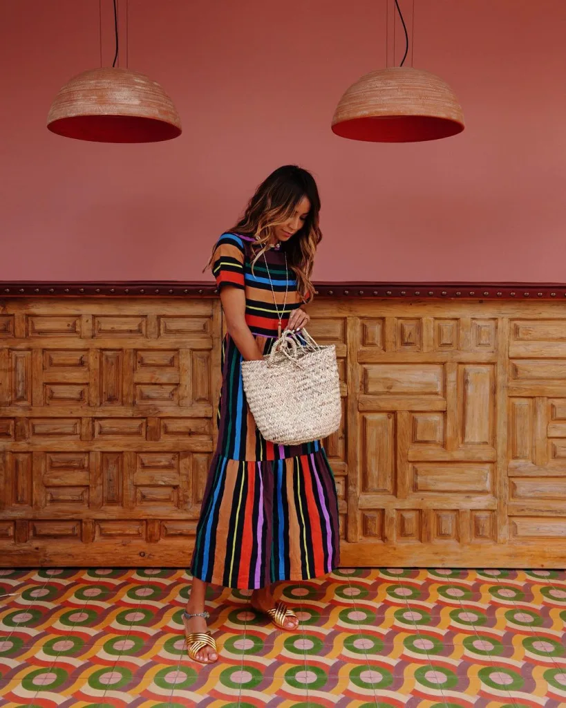 

Summer Retro Short Sleeve Casual Loose Maxi DressBoho Rainbow Striped Print Beach Ladies
