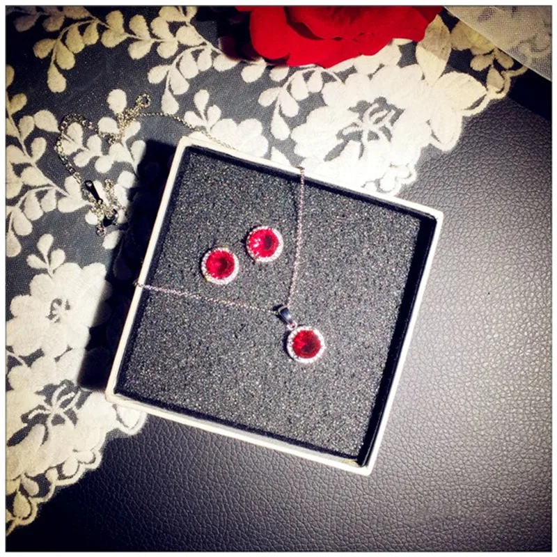 Ювелирные наборы из серебра S925 пробы для женщин, винтажные рубиновые серьги-гвоздики, ожерелье, кулон, круглый кубический цирконий, аксессуары