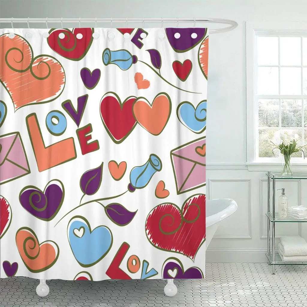 Shower Curtain with Hooks It Abstract is Hearts Love Text and Letter in Red Purple Orange Colors on White Bathroom Decor | Дом и сад