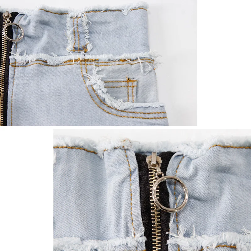 Spring and summer new ultra-high waist ring zipper denim shorts female raw edge stretch