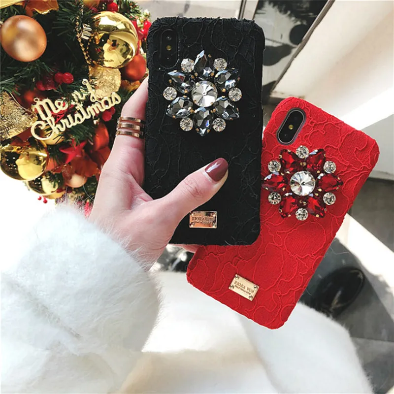 

European luxury fashion brand lace cover case for iphone 7 7plus 8 6 S plus X XR XS MAX diamond flower glitter phone couqe