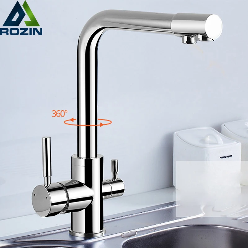 online Latão cromado Misturador Da Cozinha Torneira de Saída de Água Purificada Cozinha Deck Montado Dupla Handles Torneira Filtro de Água Pura