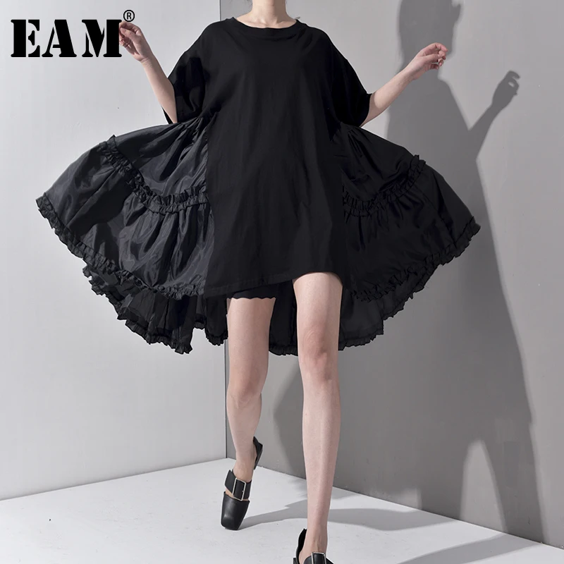 

[EAM] 2019 New Spring Summer Round Neck Half Sleeve Pleated Split Joint Loose Oversize Big Size Dress Women Fashion Tide JS7910