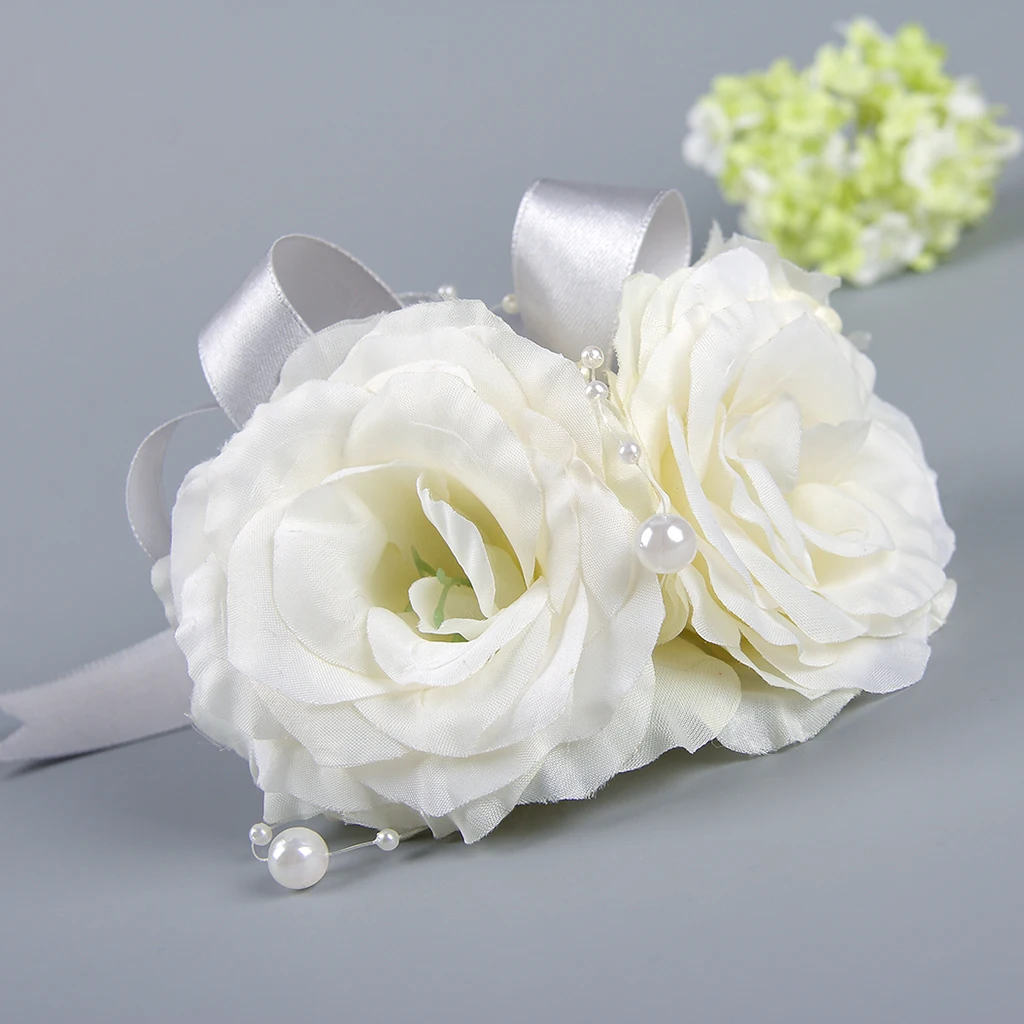 

Beautiful Ribbon Boutonnieres Corsage White Rose Silver Grey Corsage for Wedding Party Favor Photo Props
