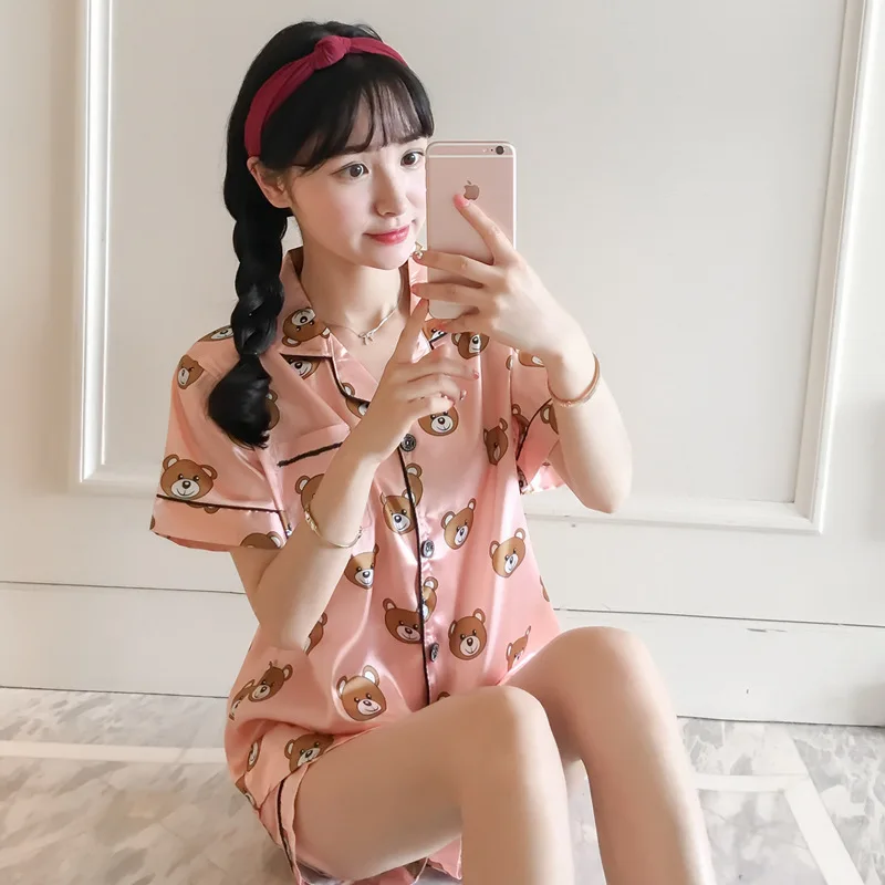 

2019 Fashion Cute bears Short Sleeves Ladies Pajama Sets Shorts Cute Cartoon Print Japanese Simple Sleepwear Homewear