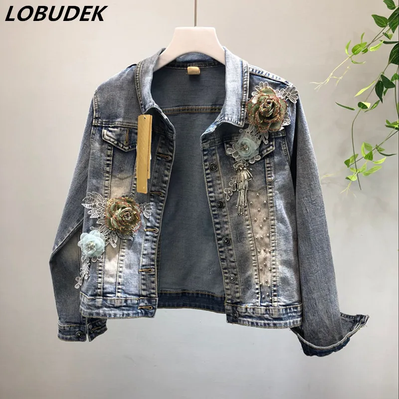 Women Blue Beads Flowers Appliques Denim Jacket Short Denim Coat Water ...