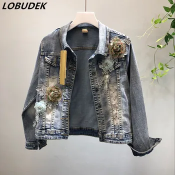 

Women Blue Beads Flowers Appliques Denim Jacket Short Denim Coat Water-washed Jean Jacket Lady Spring Autumn Slim Jean Outerwear