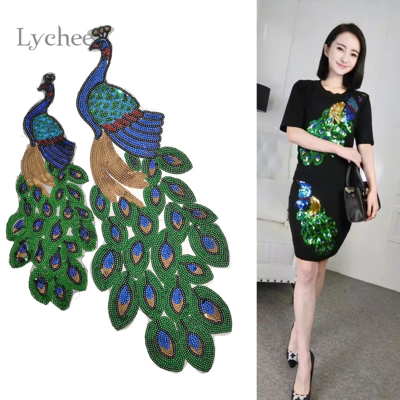 Pailletten Pfau Stickerei Applique Patch annähen Kleidung Zubehör Diy FT