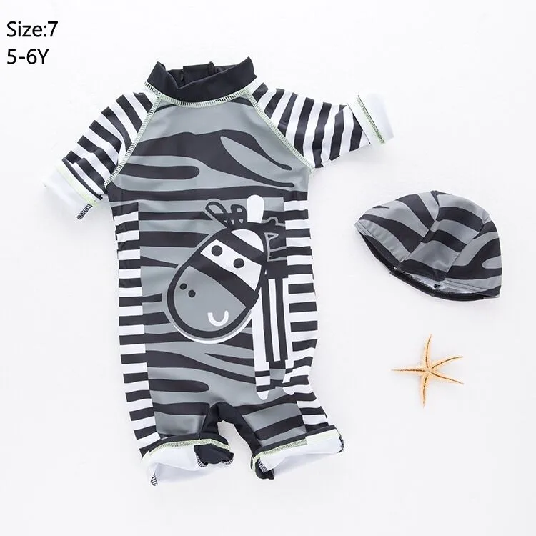 Летний купальный костюм для маленьких мальчиков+ шапочка, комплект из 2 предметов, купальный костюм с акулами и рыбами одежда для купания для малышей, детская пляжная одежда для купания в полоску - Цвет: Zebra  7