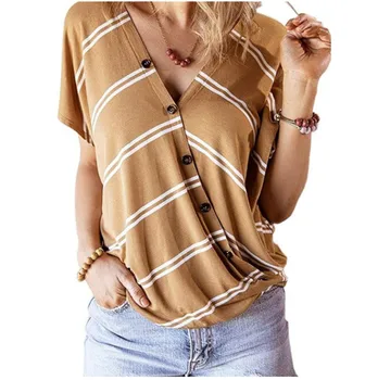 

Fashion Women V-neck Cotton T-Shirt Casual Striped Summer Top With Button Loose Short Sleeve Tee Shirt Femme Ladies tshirt W3