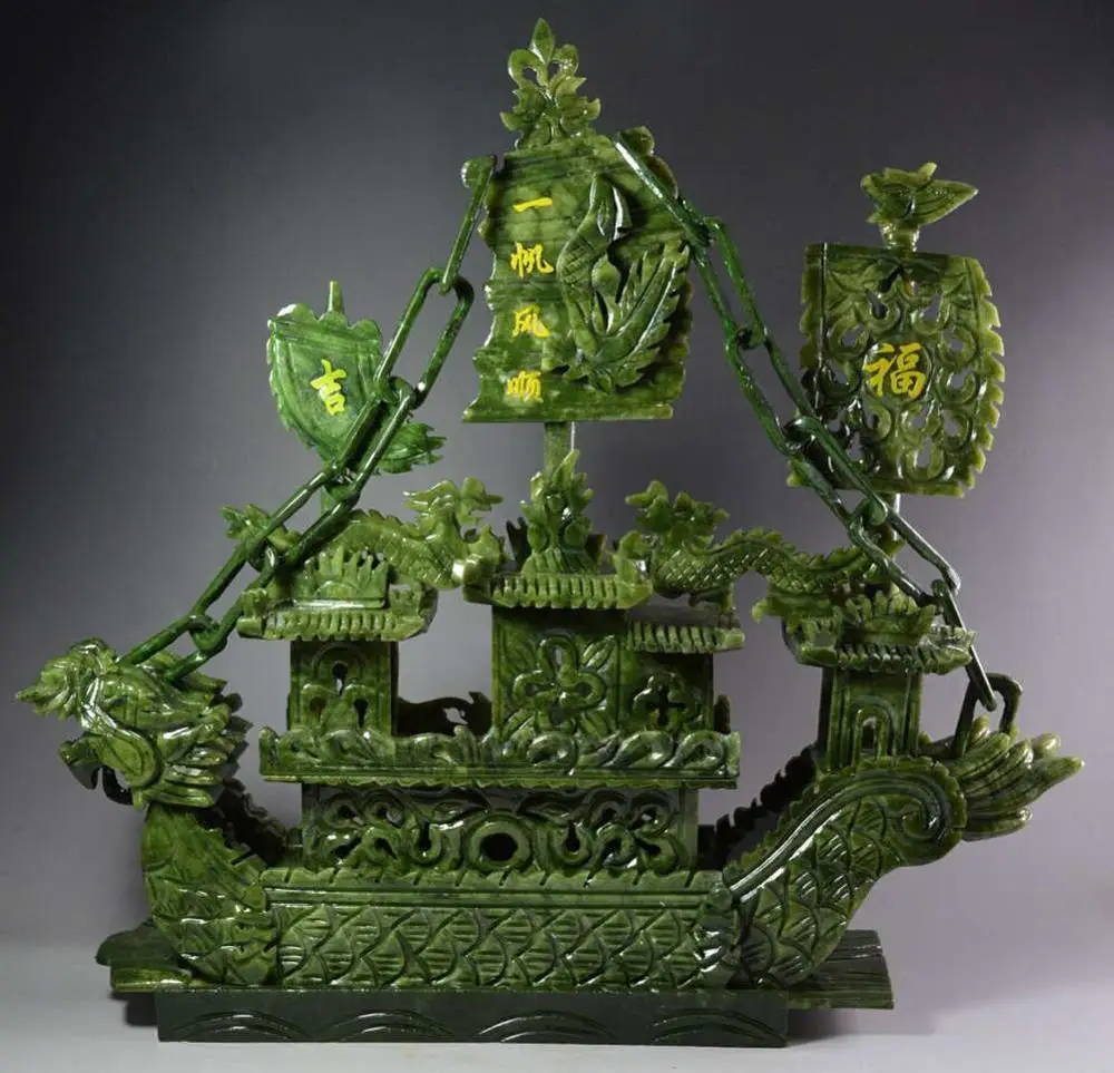 Green natural jade Chinese hand-carved Dragon statue good luck 