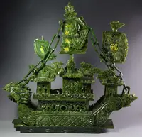 38cm Large Chinese Hand Carved 100% Natural Jade Dragon Incense statue Dragon Boat NT 1