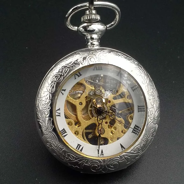 Механические мужские карманные часы скелетоны с белым циферблатом ручным ветром