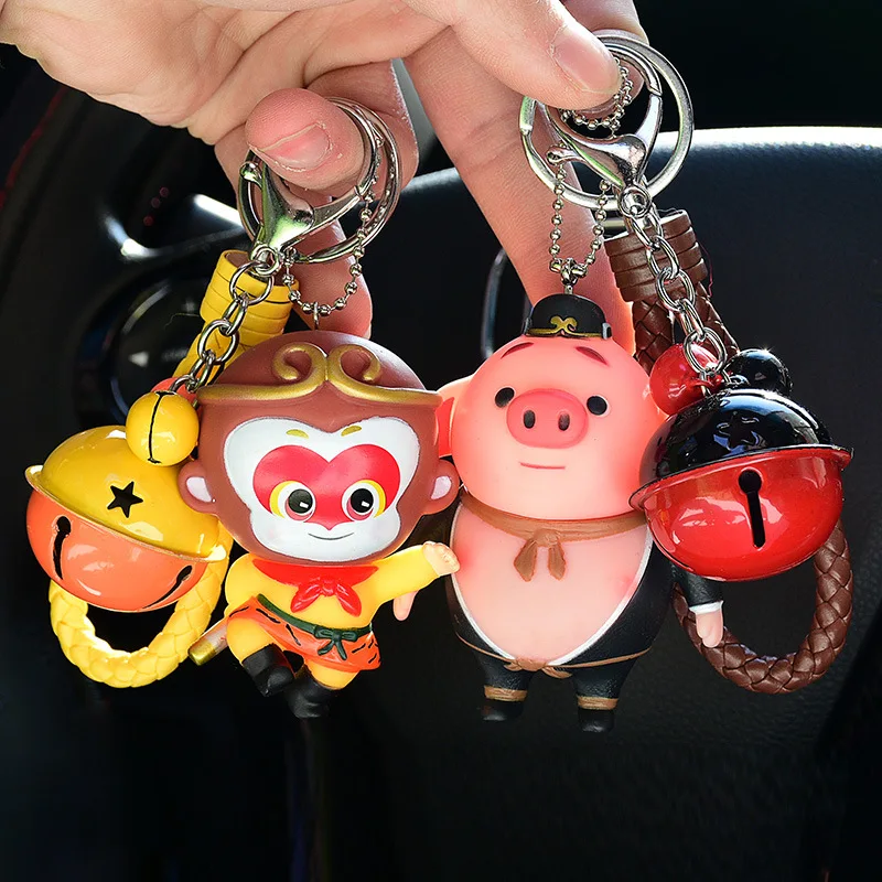 

Chinese Style Anime Journey To The West Monkey King Pigsy Keychain Metal Bell Car Key Chain Leather Rope Keyring Holder Pendant