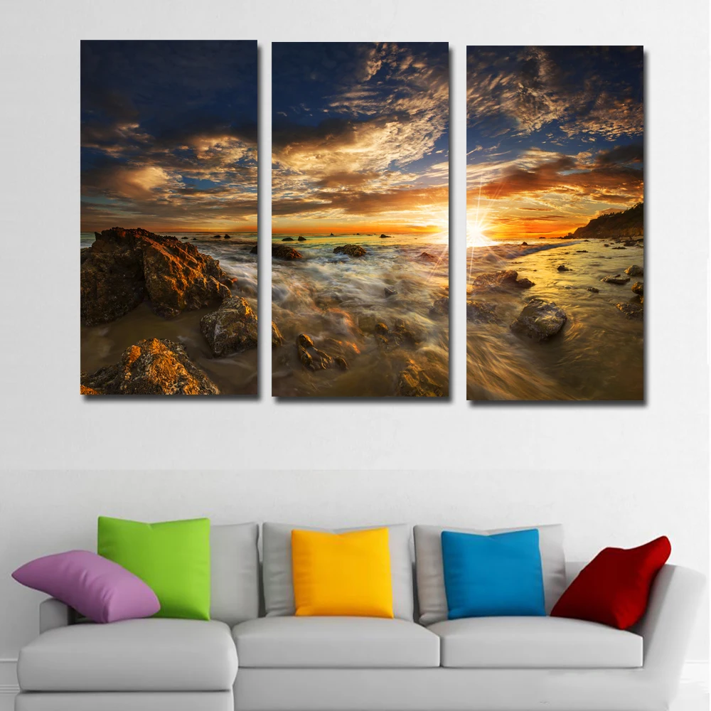 3 Panel USA Sea Coast Sunsets Stone Sky Scenery Painting Printing ...