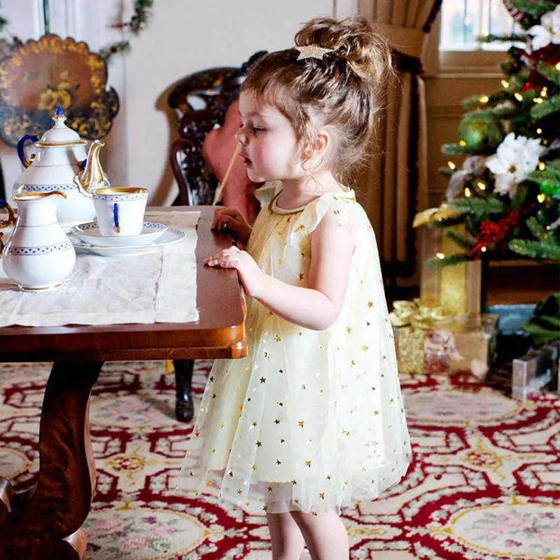 

Hot In Ins Shiny Star Pattern Baby Girls Yarn Cotton Lined Princess Dress Double Layer O-neck Kids Dresses For Girls