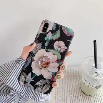 

Novelty Camellia Leaves XR/X/XS Ring stand Phone Case PC Hard Kickstand Cover For iPhoneXsmax 7/8plus 6s Body X/XS Protection