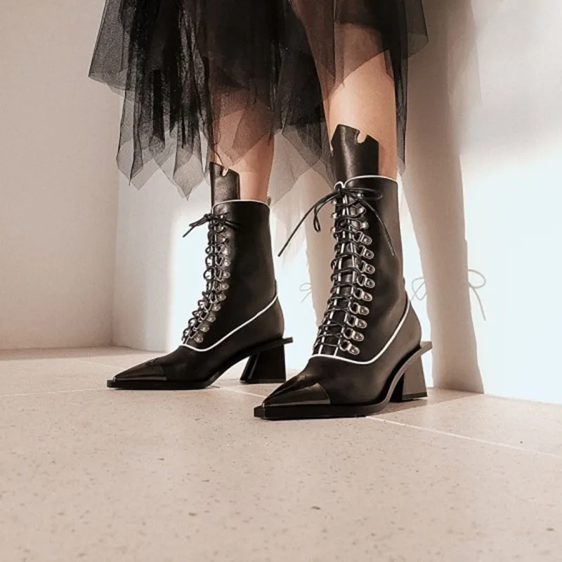 DEAT/ г. Новые осенне-зимние черные женские полусапожки на высоком каблуке с острым носком из искусственной кожи модная обувь 10D294
