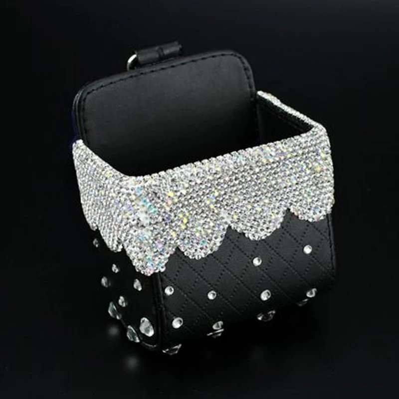  Leather Car Storage Box Crystal Rhinestones Diamond Auto Outlet Air Vent Cosmetics Case Mobile Phon