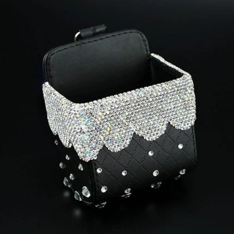 Leather Car Storage Box Crystal Rhinestones Diamond Auto Outlet Air Vent Cosmetics Case Mobile Phon