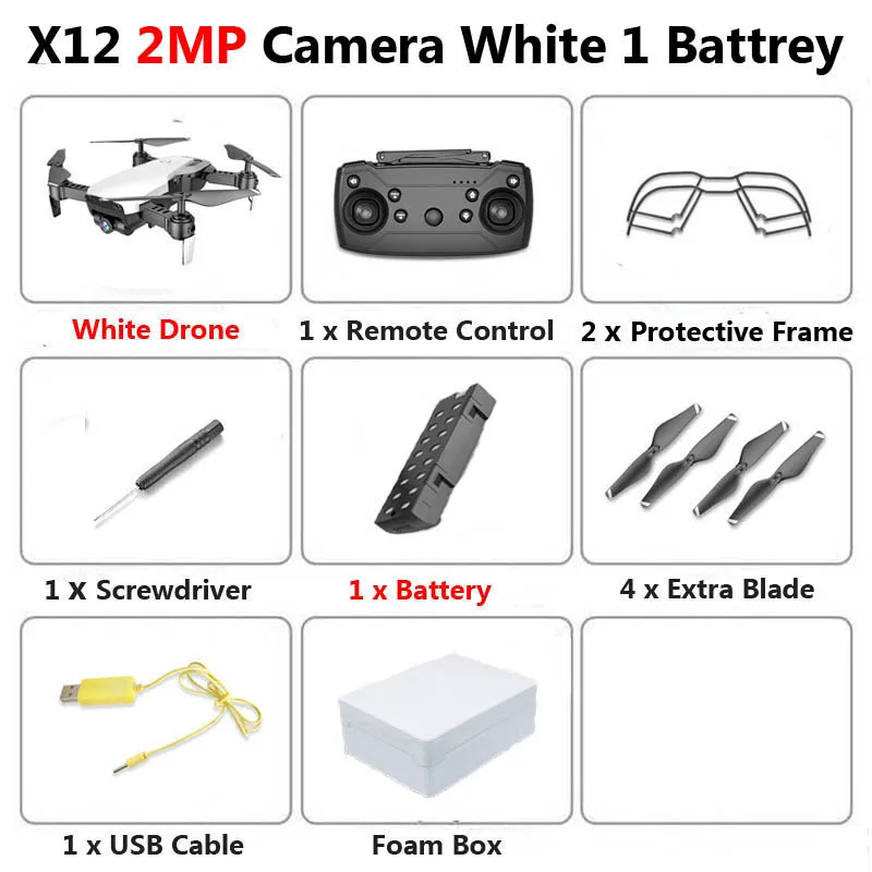 X12 WiFi FPV Mini Foldable Drone Camera 0.3MP 2MP HD Optical Flow Aerial Video Profissional RC Quadcopter Helicopter Toys SG106 - Цвет: 2MP White 1B Foam