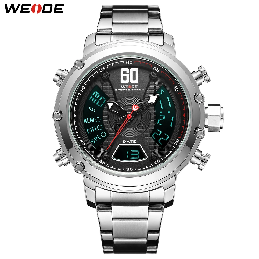 

WEIDE Mens Sports Model Analog Auto Date Chronograph Digital Display Quartz Movement Steel Strap Wristwatch Relogio Masculino