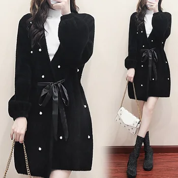 

2018 New women faux mink cashmere sweater cardigan beading lantern sleeve coat outwear jacket free shipping 0731-198