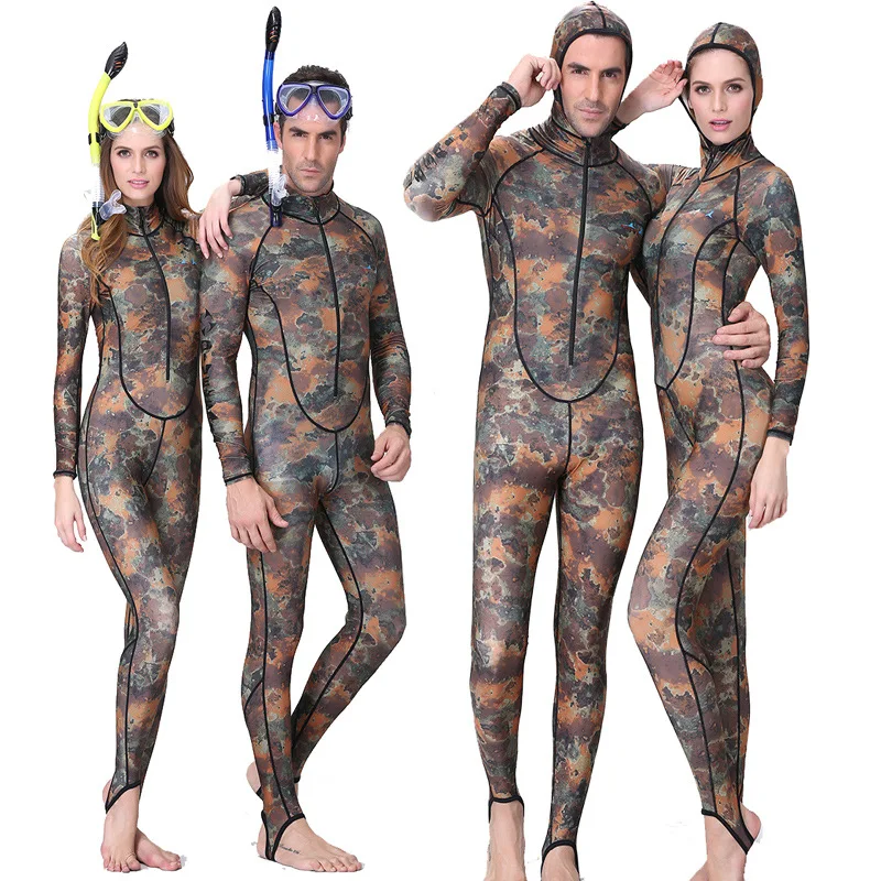 Dive&Sail spearfishing lycra couple suit  Camo Skin DIVE wetsuit  One piece With Hood Jump  UV proction  Men Women diving suit