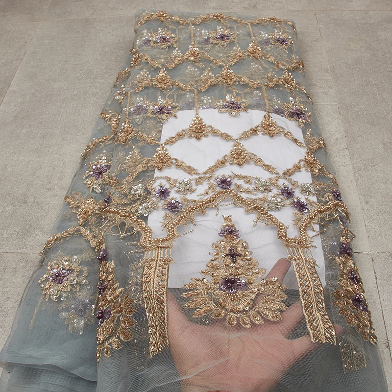 

High Quality Wedding Beaded Lace Fabric Nigerian Fabric Wedding African Laces Fabrics With Beaded Stones QF2737B-1
