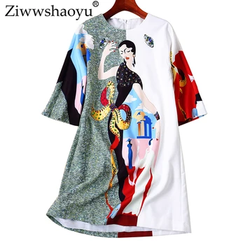 

Ziwwshaoyu Leisure Print Loose dresses O-Neck Diamonds Beading elegant Slim dress Spring and summer new women's
