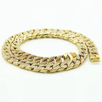 

30 Inches Length Bling Hiphop Iced Out Curb Cuban Gold-color Necklace with Paved Clear Rhinestones Mens Chain Necklace Jewelry