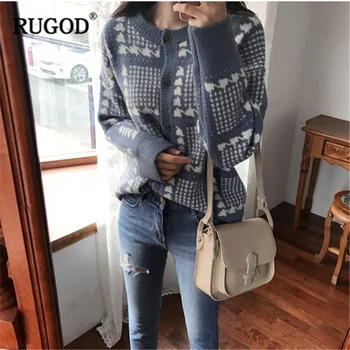 

RUGOD 2019 Vintage Plaid Women Cardigans Fashion Casual Women Sweater Knitted Slim Elegant Women Tops jersey mujer invierno 2018