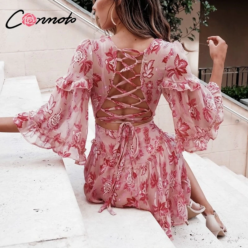 Conmoto Short Sexy Lace Up Dress Bohemian Beach Women Dress V Neck Party Ruffle Casual Dress Vestidos See Through Autumn Winter Conmoto Short Sexy Lace Up Dress Bohemian Beach Women Dress V Neck Party Ruffle Casual Dress Vestidos See Through Autumn Winter