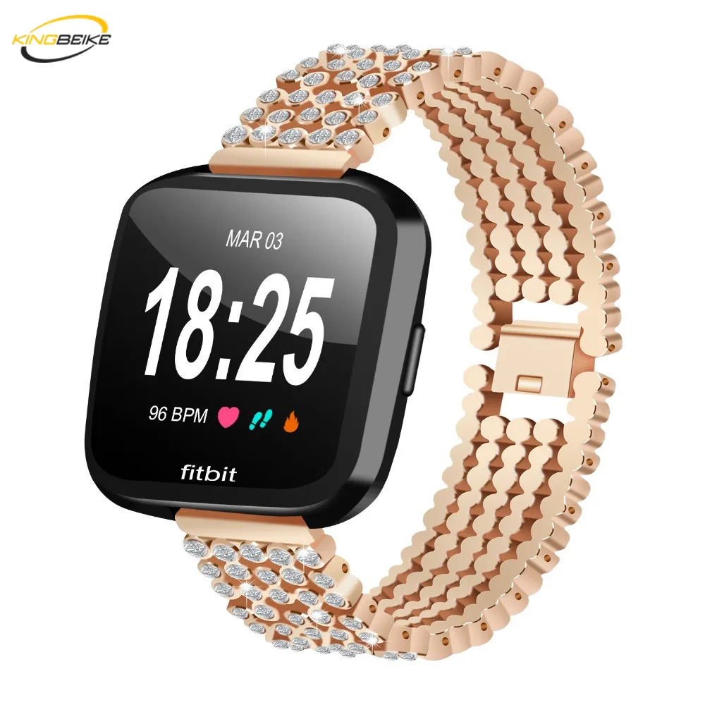 

KINGBEIKE Stainless Steel Business Watchband For Fitbit Versa Watch Band Replacement Belt Metal Bling Drill Wrist Bracelet Strap