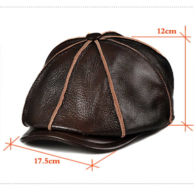 

2018 new fashion real leather Military cap Adjustable Two Color Black Brown Warm Winter octagonal hat for man Gift