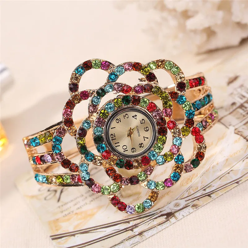 NEW Fashion Womens Flower Band Hollow Out Bangle Crystal Quartz Bracelet Watch Jewelry Charm #2AP25 (6)