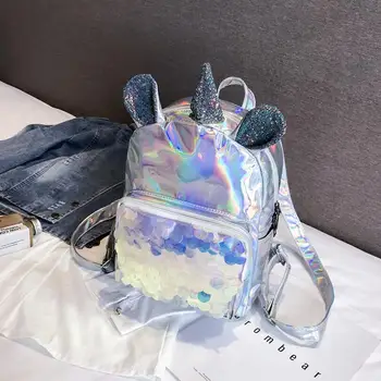 

New 2019 Laser Leather Mini Backpack For Women Sequins Unicorn Mochila Girls Travel Back Bags Silver Fashion School Bagpack