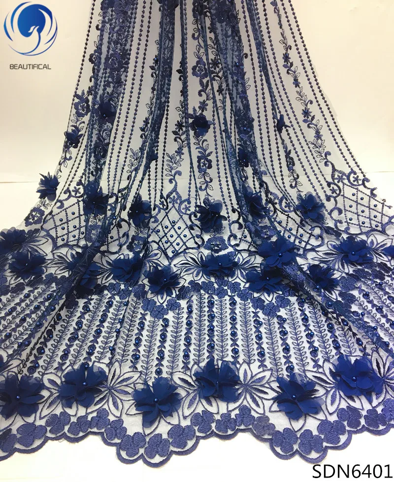 

Beautifical new arrival 3d flower lace fabric 2018 high quality tulle lace fabrics with beads for women wedding 5yards/lot SDN64