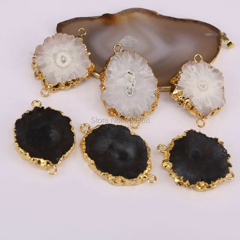 

10PCS ZYZ-C2267 White / Black Solar Quartz Connector Beads, Sun Flower shape Gold color Drusy Stone Connectors Jewelry Findings