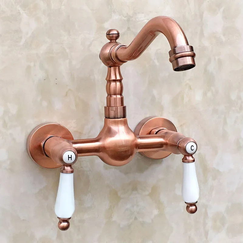 Retro Red Copper Antique Brass Wall Mount Kitchen Wet Bar Bathroom Tub Vessel Sink Faucet Water Tap Dual Ceramic handle arg035