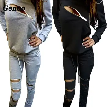 

Genuo Hoodies Sweatpants Women Two Pieces Sets Casual Women's Clothing Spring Tracksuits Sportswear Female Zipper Hole Set