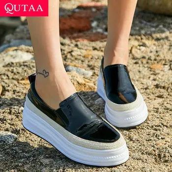 

QUTAA 2019 Cow Leather+pu All Match Platform Elegant Women Shoes Women Pumps Wedges Heel Round Toe Women Pumps Size 34-39