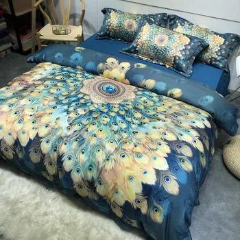 

Chinoiserie Chic Peacock Diamond Print on Navy Blue Duvet Cover Egyptian Cotton Ultra Soft Silky Bedding set 4Pieces Queen King