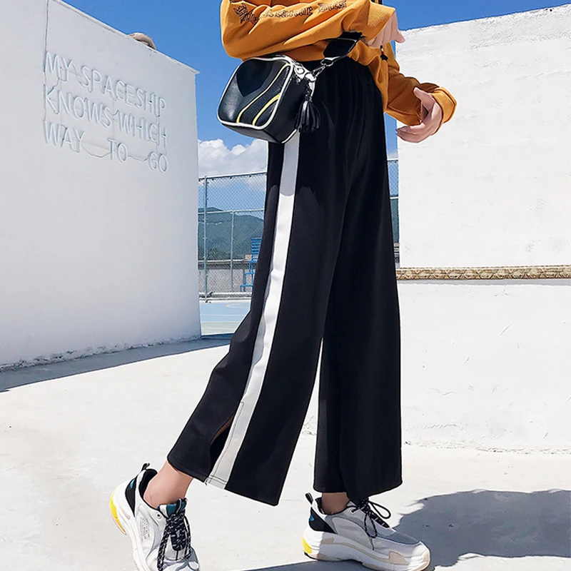 

Harajuku Patchwork Printed Wide Leg Pants Hip Hop Women Casual Loose High Waist Trousers Korean Fashion black Split Sweatpants