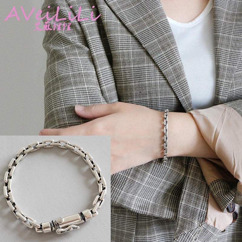 

925 sterling silver Bracelets jewelry Cylindrical buckled thick cross chain Bracelet ancient silver woman